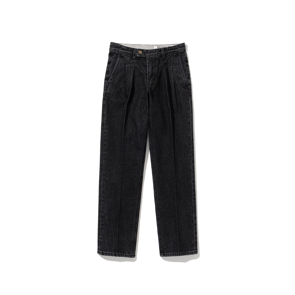 Tailored Straight Two Tuck Denim Pants [Black]